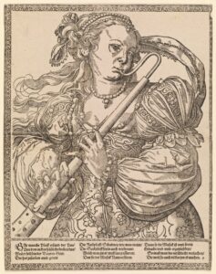 Musikinstrument mit Sch: Eine Frau aus dem Mittelalter oder der Renaissance spielt auf ihrer Schalmei.