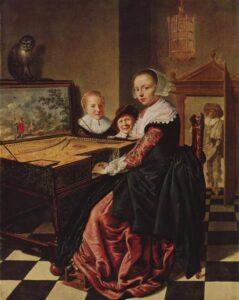 Instrumente der Renaissance: Eine Mutter spielt das Instrument und ihre Kinder hören zu.